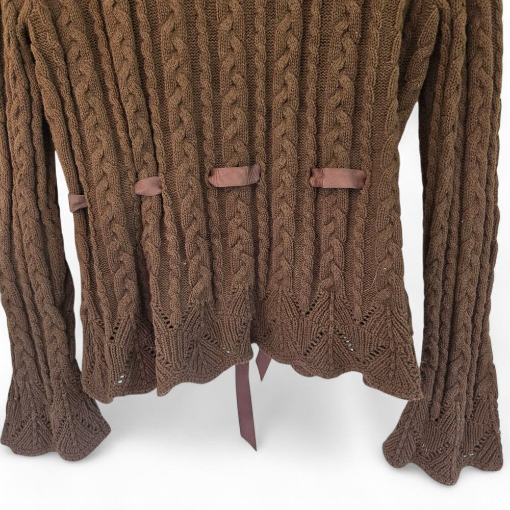 Chaps Cable Knit Brown Cardigan Sweater Large Ribbon Tie Waist Eyelet Cuffs - Picture 9 of 11